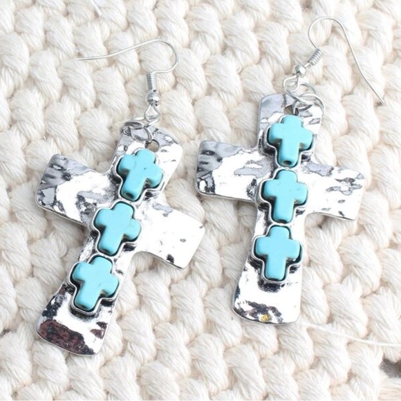 Vintage Turquoise Cross Earrings - Picture 2 of 3